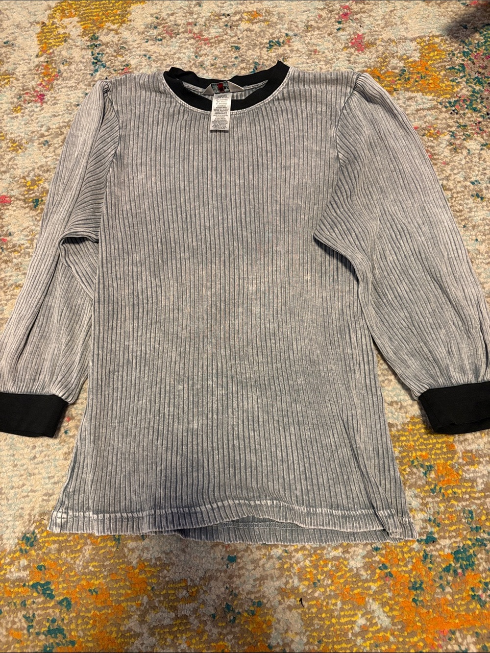 Hard Tail Ribbed 3/4 Sleeve Top with Contrast Trim - Gray & Black